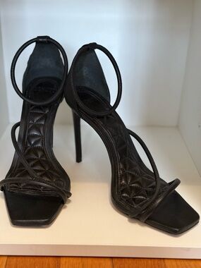 SCHUTZ Black Quilted Stiletto Sandals with Ankle Loop